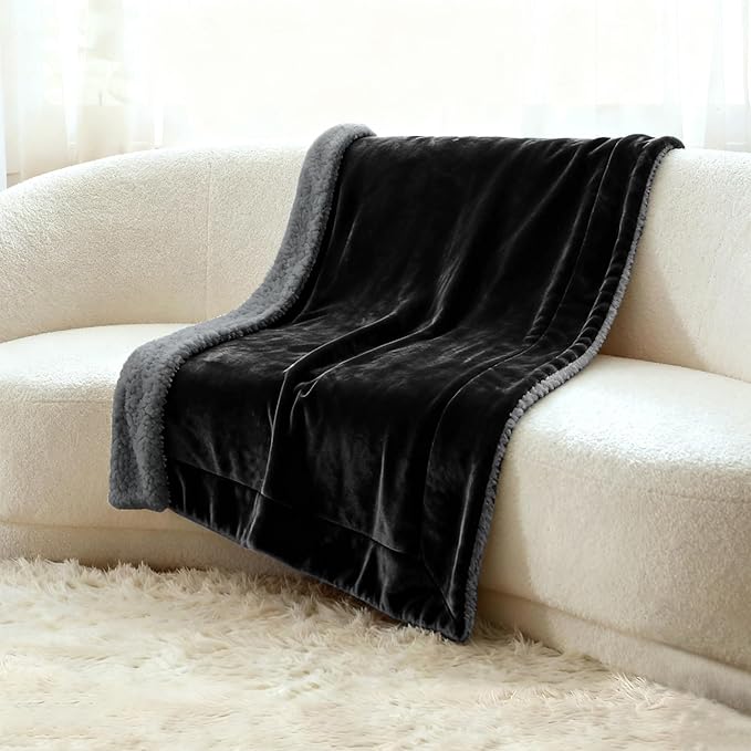 Genteele Sherpa Throw Blanket Super Soft Reversible Ultra Luxurious Plush Blanket, 50 x 60 inches, Black/Gray