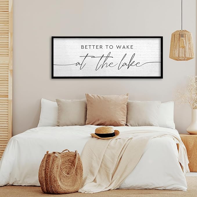 TQianJiang Lake House Decor Better To Wake At The Lake Sign 32"×12" for Bedroom Above Over Bed Large Country Home Cabin Farmhouse Rustic Quote Wood Framed Wall Hanging Art (Black)