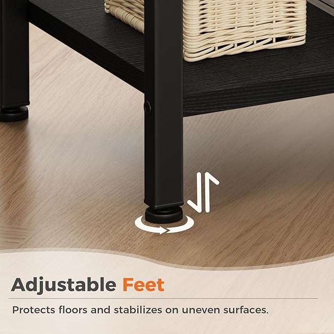 DUMOS Bedside Table with Charging Station and Adjustable Fabric Drawer Compact Nightstand 3-Tier Storage Organizer End Table for Bedroom,Black