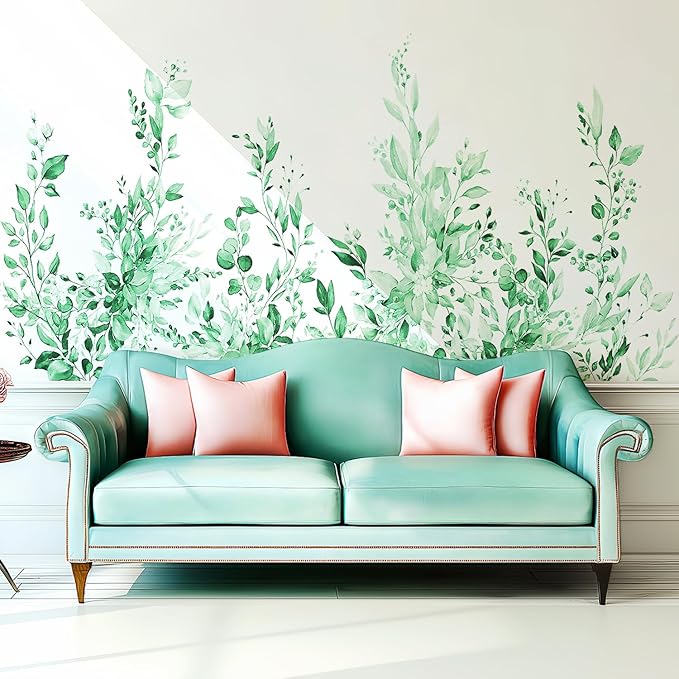 Mint Green Plants Leaves Wall Decals Peel and Stick, Large Floral Flowers Vinyl Wall Stickers, Removable Vine Home Decor Art for Bedroom Living Room Classroom Office