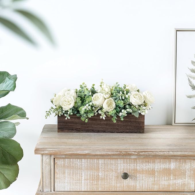 Dahey Centerpiece Table Decorations for Dining Room Farmhouse Living Room Table Centerpieces Decor Wood Tray with 3 Artificial Flowers and 2 Eucalyptus for Kitchen Table, 14.1" x 4.7" x 3.1", White
