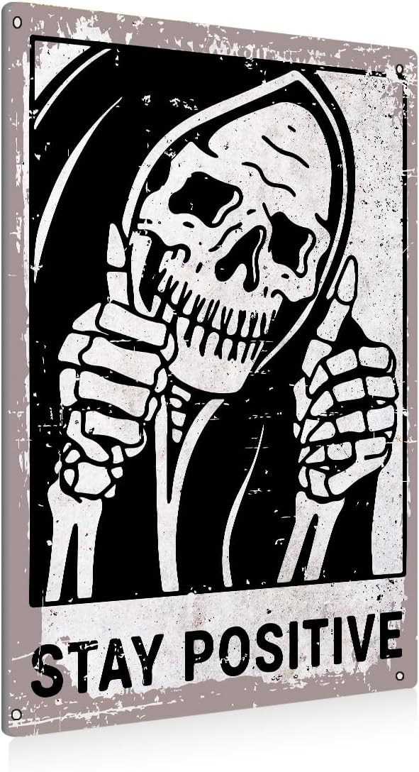 BEASTZHENG Vintage Stay Positive Skull Sign Metal Tin Sign Wall Décor Funny Retro Sign for Home Living Room Bedroom Halloween Decor Gifts - 8x12 Inch