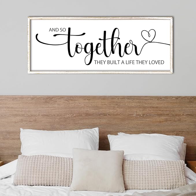 And So Together They Built A Life They Loved Sign Wall Decor 40"x15" Above Over Bed Master Bedroom Large Wood Framed Wall Hanging Art (White)