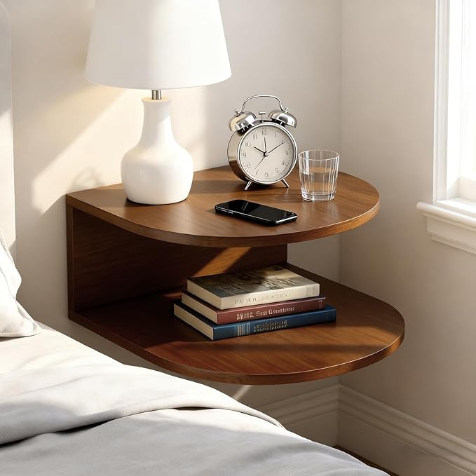 Bamboo Floating Nightstand with Storage Drawer and Modern Open Shelf Cubby，Bedroom, Living Room, Kitchen, Tool Room for use. (Brown, Trumpet)