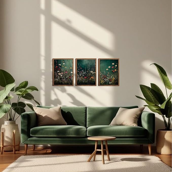 Vintage Wildflower Wall Art Set of 3, Dark Green Flower plant Canvas Prints Wall Decor, Gothic dark style pastoral landscape painting for Living Room Bedroom Farmhouse Home Decor 12x16in Wood Framed