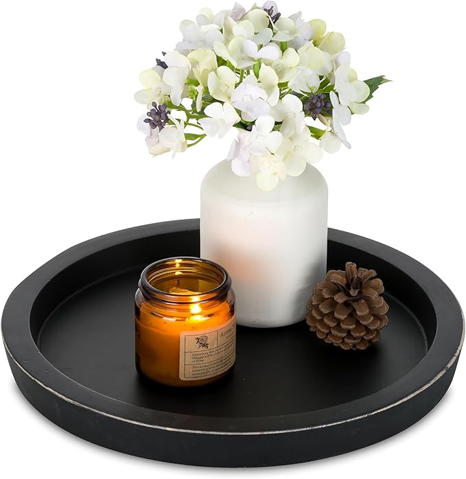 Hanobe Wooden Tray for Coffee Table: Candle Holder Plate Black Round Decorative Serving Tray - Vintage Table Centerpiece Rustic Farmhouse Home Decor