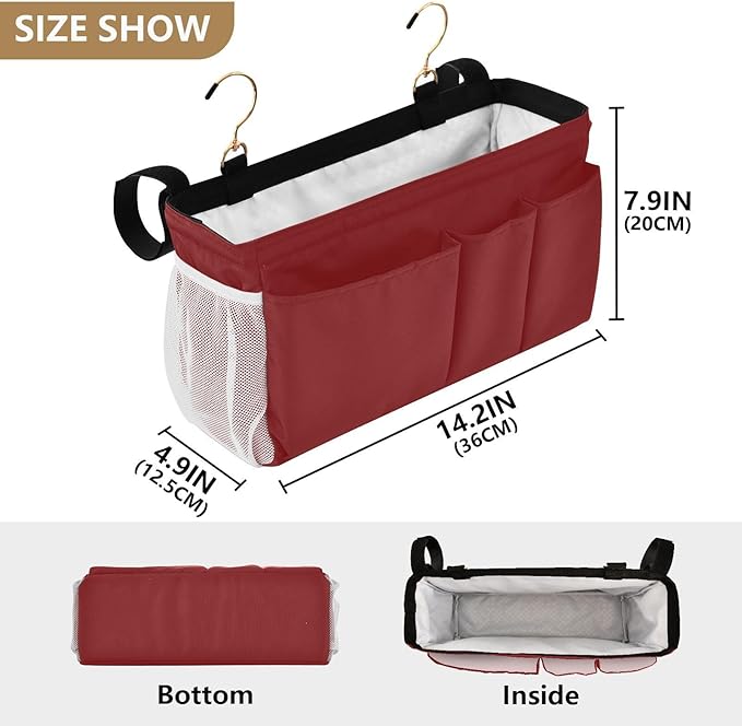 DOMIKING Wine Red Bedside Caddy for Dorm Bed Recliner Armrest Organizer with Hooks Haning Holders for Bunk Bed Headboards Rails