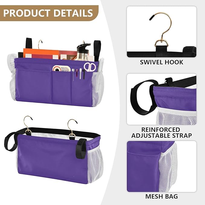 DOMIKING Dark Purple Bedside Caddy for Dorm Bed Recliner Armrest Organizer with Hooks Haning Storage Pockets for Remote Control Couch Recliner