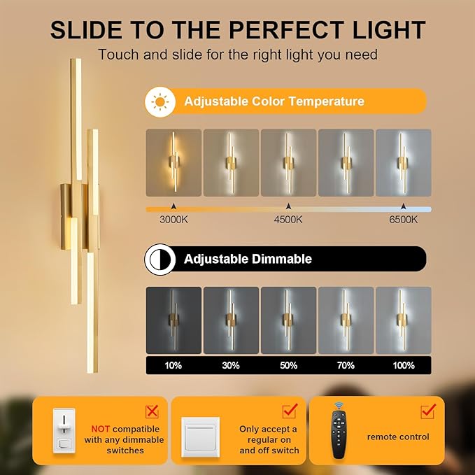 Modern LED Wall Sconce Gold Remote Wall Light Fixtures for Bathroom, Dimmable Vanity Light Indoor LED Remote Wall Sconce for Living Dining Room Bedside Bedroom (3000-6500K 35.4inch)