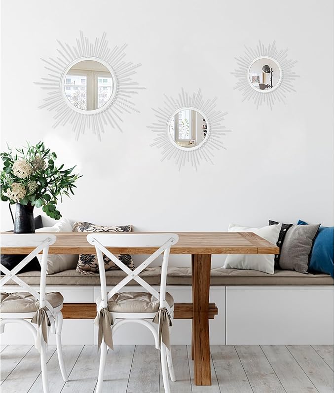 Sunburst Wall Mirror Spoked Home Circle Wall Art Mirror Classic Metal Modern Hanging Mirror, Decor Living Room Bathroom Bedroom Entryway Vanity Office Hallway Housewarming Large 16" White