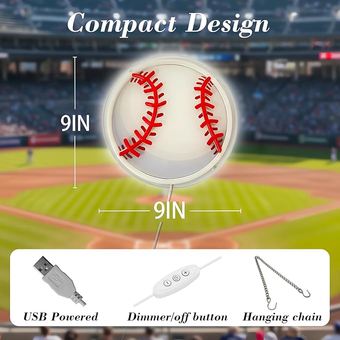 Baseball Neon Sign for Wall Decor, Dimmable LED Light with Printed Design for Bedroom Sports Room Decor, Baseball Gifts for Boys 8-12, 9 x 9 Inches