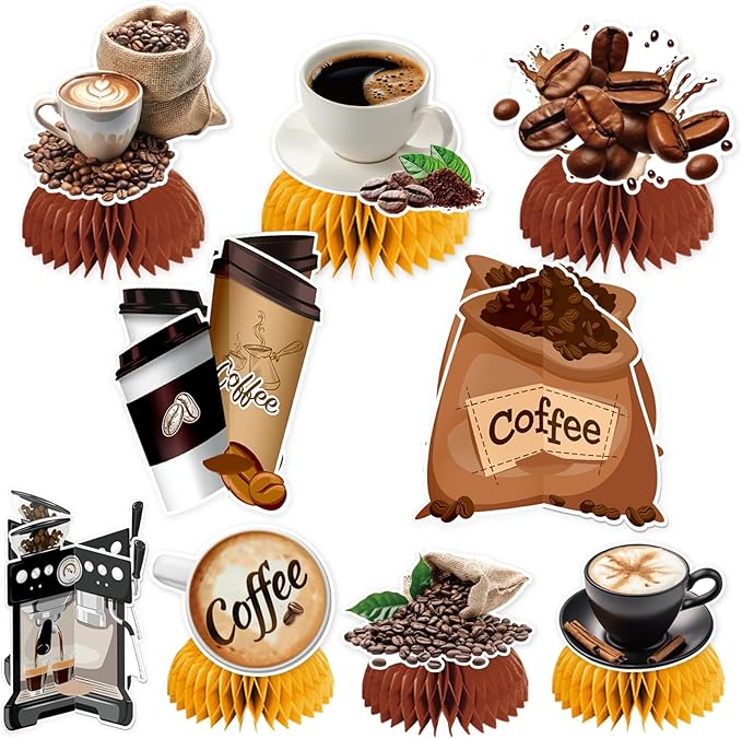 9 PCS Coffee Honeycomb Centerpieces Coffee Table Decorations Table Topper for Coffee Party Decorations Coffeehouse Birthday Party Supplies