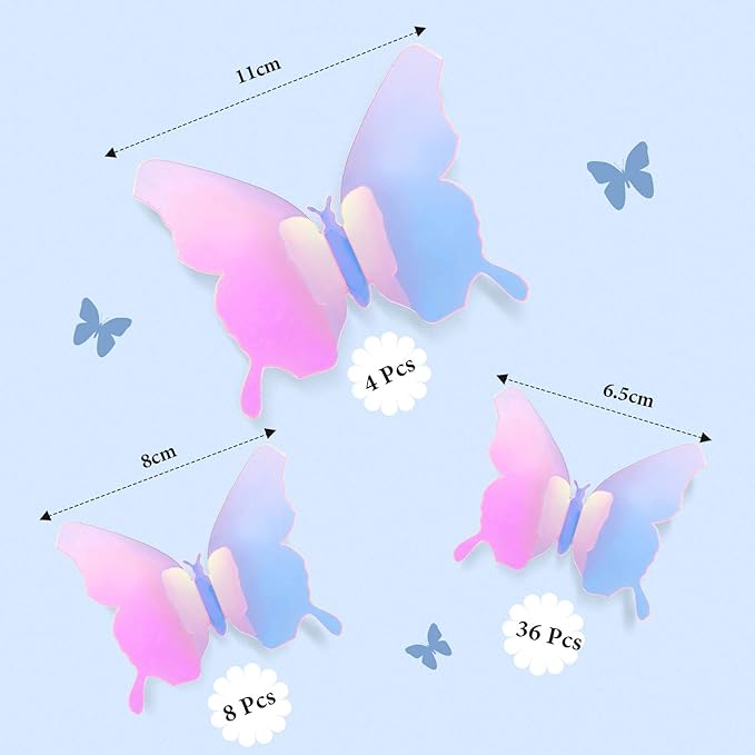 BBTO 48 Pieces Butterfly Wall Decor DIY 3D Mirror Butterfly Stickers Removable Decals Crafts for Birthday Party Bedroom School Bathroom Living Room Decor(Transparency Colorful Pink)