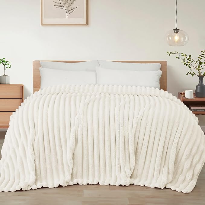Exclusivo Mezcla California King Size Flannel Fleece Blanket, Super Soft Striped Jacquard Bed Oversized Blanket, Lightweight Fuzzy Cozy for All Seasons, 120x120 Inches, Ivory