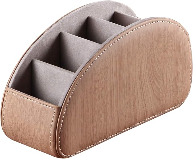 Ayunga PU Leather Remote Control Organizer Box with 5 Compartments - Desktop & Bedside Storage for TV Remotes,DVDs,Blu-ray,Glasses,Pens,Media Players Multi-Purpose Holder(Beech Wood)