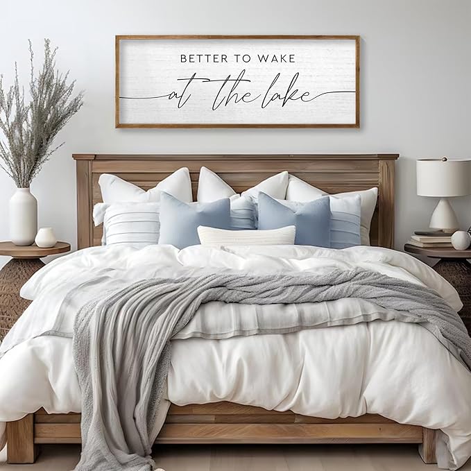 TQianJiang Lake House Decor Better To Wake At The Lake Sign 40"×15" for Bedroom Above Over Bed Large Country Home Cabin Farmhouse Rustic Quote Wood Framed Wall Hanging Art (Wood)