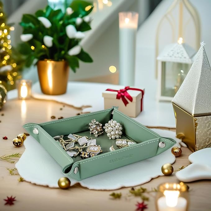 UnionBasic Small Valet Tray, Jewelry Tray for Rings Watches Earrings, Entryway Catchall Caddy for Coins Keys Change, Nightstand Bedside Valet Holder, Trays for Electronic Gadgets, Malachite Green