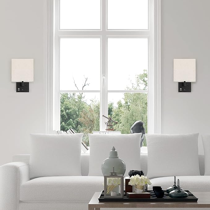 Black Wall Sconces Set of 2, Bedside Wall Lights for Bedroom, Plug in Wall Sconce with USB Ports and Outlets, Modern Wall Lamp for Mirror Kitchen Living Room Hallway, E26 Base (LED Bulbs Included)