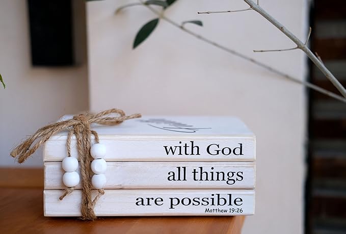 LIVDUCOT Farmhouse Wooden Decor Book Stack | Rustic Faux Book Stacks | With God All Things Are Possible Sign