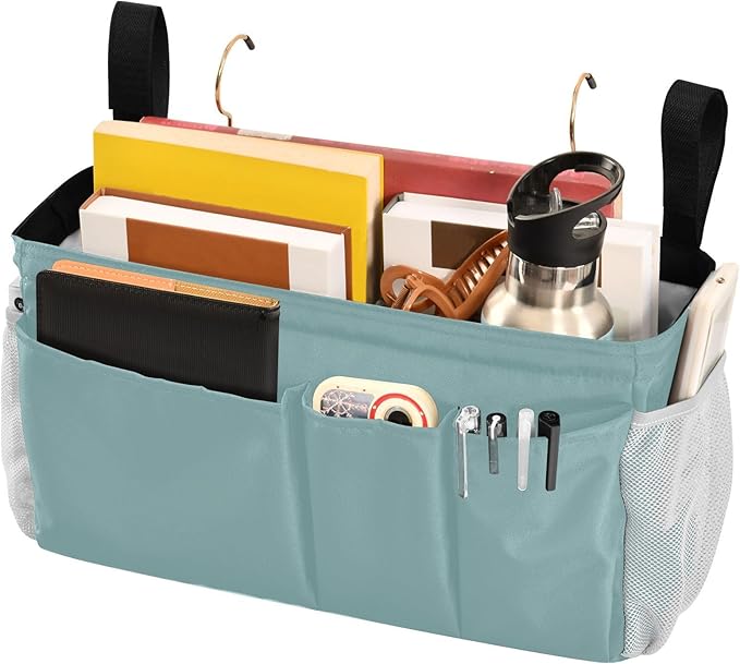 DOMIKING Teal Bedside Caddy for Dorm Bed Recliner Armrest Organizer with Hooks Haning Holders for Tablet Phone Magazine