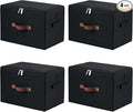 4 Pack Storage Bins with Zipper Lid Cotton Linen Fabric Lidded Storage Baskets Boxes Foldable Washable Closet Shelf Clothes Organizer Container with PU Leather Handles (Black, Large)