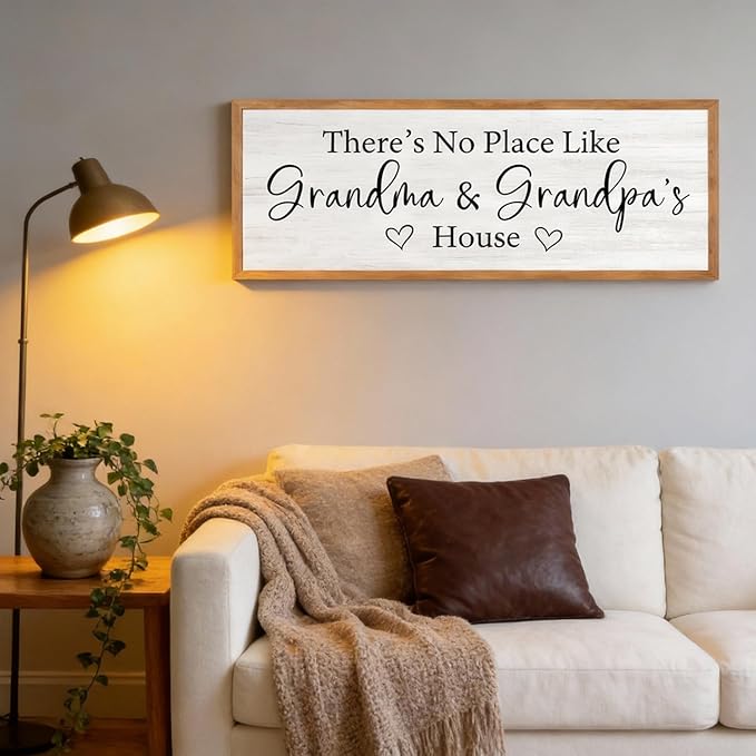 There’s No Place Like Grandma and Grandpa’s House Wall Decor: 32x12 Inch Framed Wooden Family Quote Sign, Rustic Farmhouse Wall Art for Grandparents’ Home, Living Room or Entryway, Natural