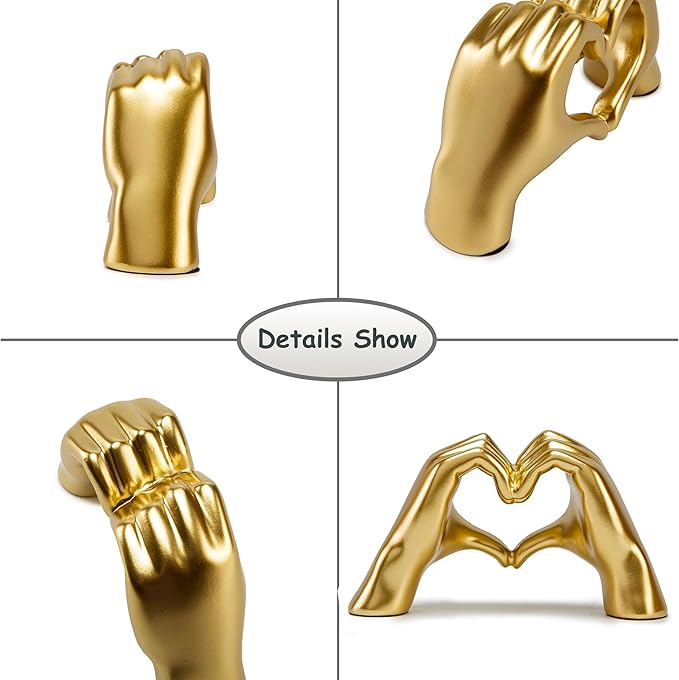 FANTESTICRYAN Small Heart Hands Statues Hand Love Sculpture Cute Decorative Home Decor Ornaments for Living Room, Wedding, Office Desktop, Cabinets, Bookshelf (Small Gold)