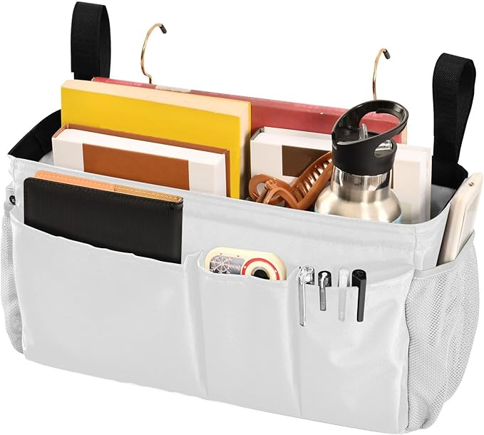DOMIKING White Bedside Caddy for Dorm Bed Recliner Armrest Organizer with Hooks Haning Holders for Bunk Bed Rails Headboards