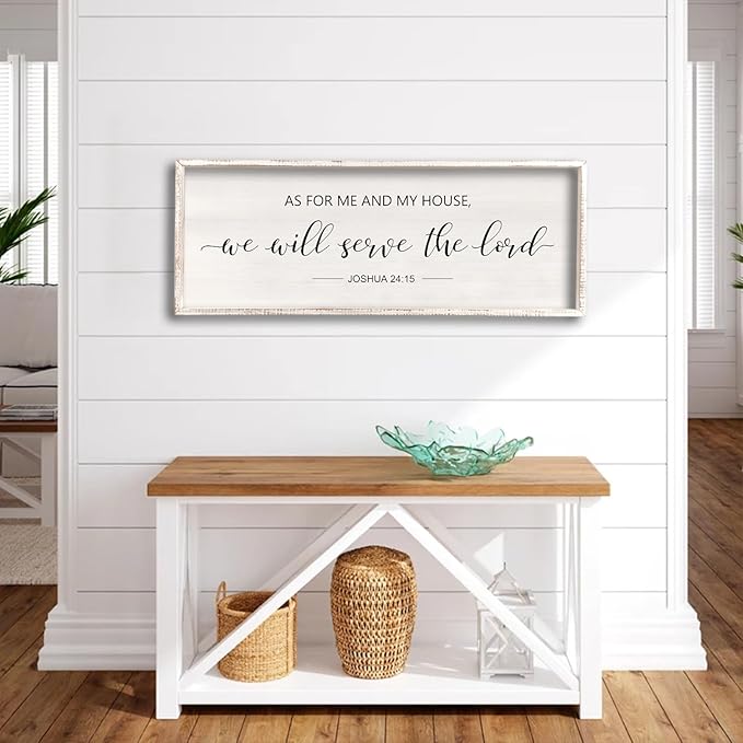 comurdyo As For Me And My House We Will Serve The Lord Wall Decor 40" x 15" Bedroom Above Bed Sign Large Rustic Farmhouse Wood Framed Bible Verse for Religious Scripture Christian Wall Art (White)