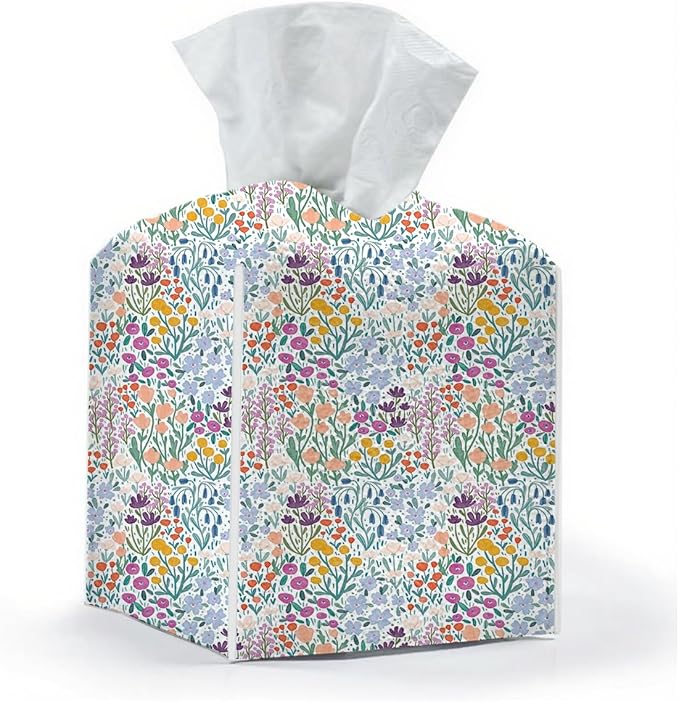 Tissue Box Cover, Tissue Box Holder, Square with Belt Bottom, PU Leather Decorative Organizer for Desk, Tabletop, Countertop Bathroom, Toilet Car, Office, Dresser Bedside, Aesthetic Wildflowers Decor