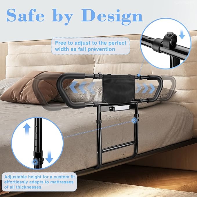 Bed Rails for Elderly Adults Safety: Adjustable Bedside Assist Rails with Storage Pockets, Non-Slip Handles, Items for Elderly Bed Rail, 400LB Gravity Capacity Black