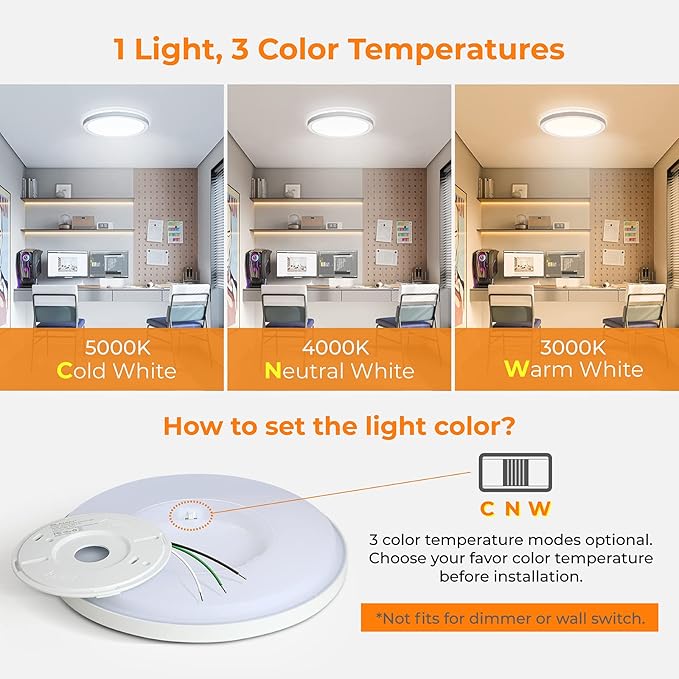 BLNAN LED Flush Mount Ceiling Light, 12 Inch 24W 3000K/4000K/5000K Hardwire Light Fixture, Ultra Thin Round White Lamp for Kitchen Porch Bedroom Hallway Stairwell Basement, Non-dimmable 2 Pack