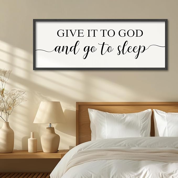 YWJKWLGS Give It To God And Go To Sleep Sign Large Bedroom Wall Decor Art 40x15 Inch Rustic Wooden Framed Above Over Bed for Peace Wall Hanging Plaque (Black)