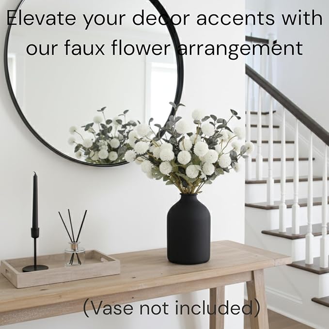 RyddeligHome White Faux Kiku Flowers for Vase - 10 Long Stem Artificial Flowers with Eucalyptus, Realistic Winter Floral Stems for Tall Vases, Farmhouse Home Decor (Premium Quality)