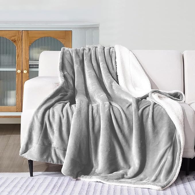 MOONLIGHT20015 Silver Sherpa Fleece Throw Blanket for Bed - Wholesale Bulk Pack of 16 Sherpa Blankets - Soft Fluffy Throw Blankets for Hotels, Guest Bedroom, 50x60 Inches