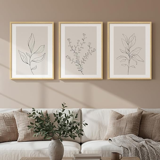 Framed Botanical Line Bedroom Wall Art, 3 Piece Neutral Leaf Print for Room Wall Decor, Minimalist Beige Plant Artwork for Walls, Botanical Picture for Living Room Guest Room Hallway Decor, 12x16 Inch