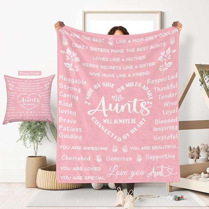 ITFRO Aunt Gift Flannel Fleece Throw Blanket Pillow Cover Set 50x60 Inch Ultra Soft Polyester Blanket 18x18 Inch Plush Pillow Case All Seasons for Mother's Day Birthday Christmas (Pink)