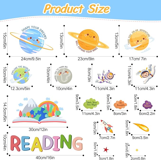 HLNIUC Reading Wall Decor 61pcs Inspirational Wall Decal Cartoon Universe Themed Motivational Art Sticker Colourful Positive Saying Peel and Stick Sticker Decoration for Kid Classroom Reading Corner