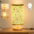 Desk Lamp LED Bulb Included, Small Bedside Table Lamp Plug-in - Classic Wood Base with Flaxen Fabric Shade, Lamps for Night Stands, Simple Nightstand Light for Bedroom, Office, Desk