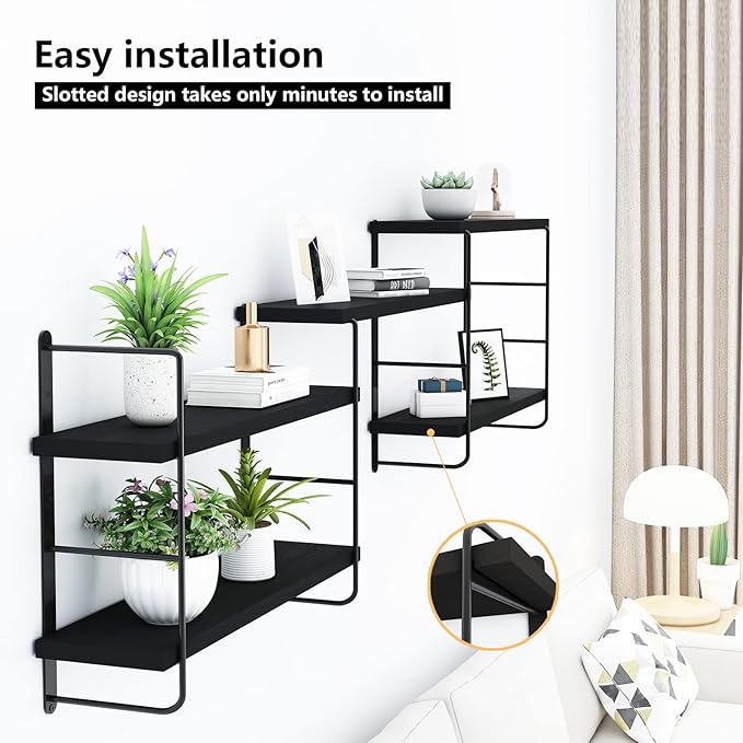 Wall Shelves, Wall Mounted Bookshelves, DIY Floating Shelves for Wall, Wood Hanging Book Shelves for Room, Bedroom, Living Room, Easy Installation (Black, 50W x 17H)