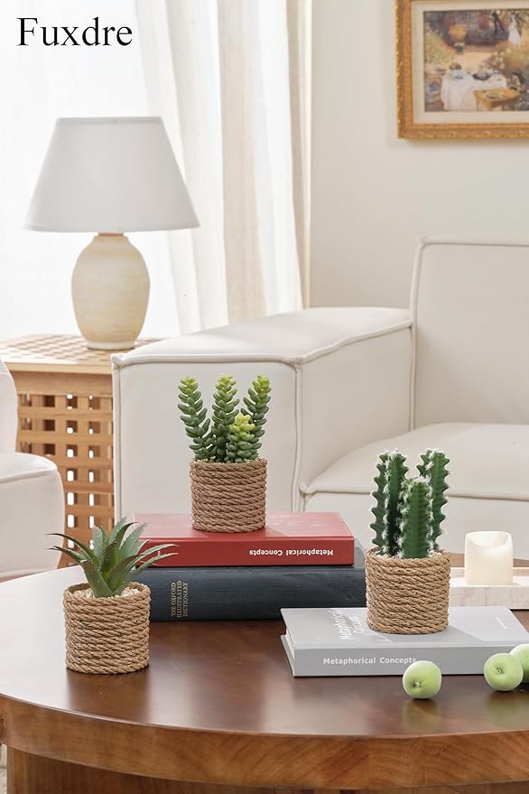 3-Pack Artificial Succulent Plants in Vintage Plastic Pots - Fake Waterproof Succulents Decor for Home, Office, Desk, Shelf - Low Maintenance Indoor Greenery for Bathroom, Living Room, Table Decor