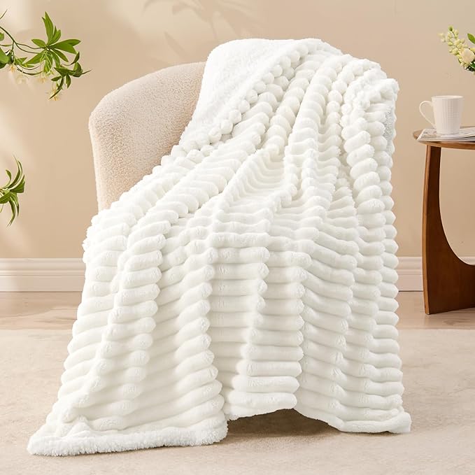 INFIIXSO Sherpa Throw Blanket for Couch - Super Soft & Warm Striped Fleece Blanket, Cozy Plush Fluffy Blanket All Season Use (Cream, 60x80 Inches)