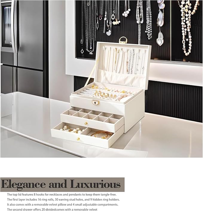 3 Layer Jewelry Box Organizer with Drawers, Lockable PU Leather Jewelry Storage Case for valentine gifts Necklace Earring Ring Bracelet Watch, White