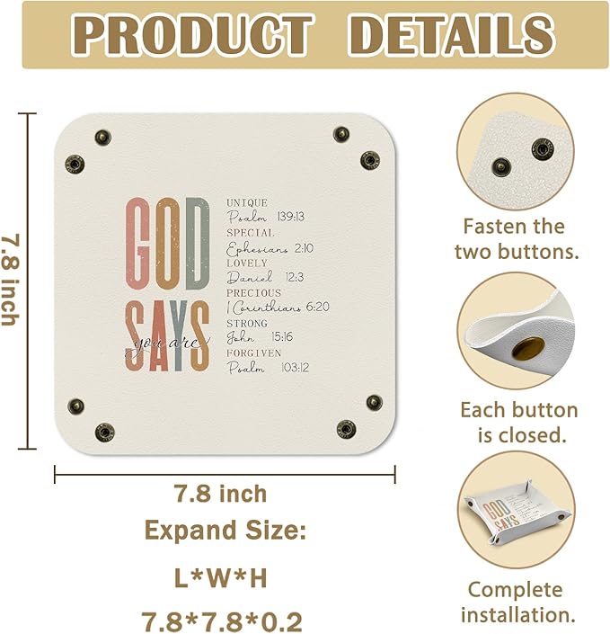 Christian Gifts Jewelry Valet Tray for Women, Inspirational God Says You Are PU Leather Catchall Beside Caddy Nightstand Organizer Tray for Jewelry Rings Watches and Accessories, 7.87x7.87in