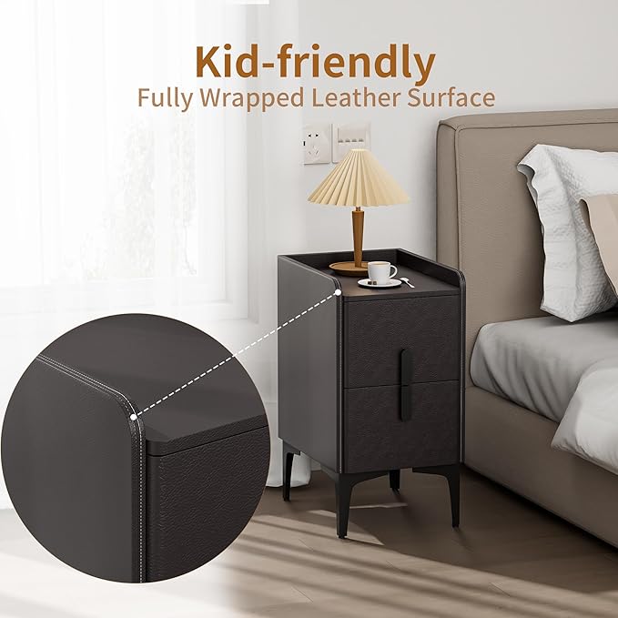 VICITON Narrow Nightstand with 2 Drawers, Narrow Side Table Leather Surface, Slim Bedside Table for Bedrooms, Study, Living Rooms, Small Space (Dark Gray, 15.7" D x 11.8" W x 22.4" H)