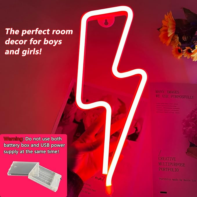 Neon Signs Lightning Bolt Neon Light Sign for Wall Decor, Battery or USB Powered Led Lightning Light Neon Sign for Bedroom, Kids Room, Birthday, Party, Wedding, Home, Kids Decorations Red