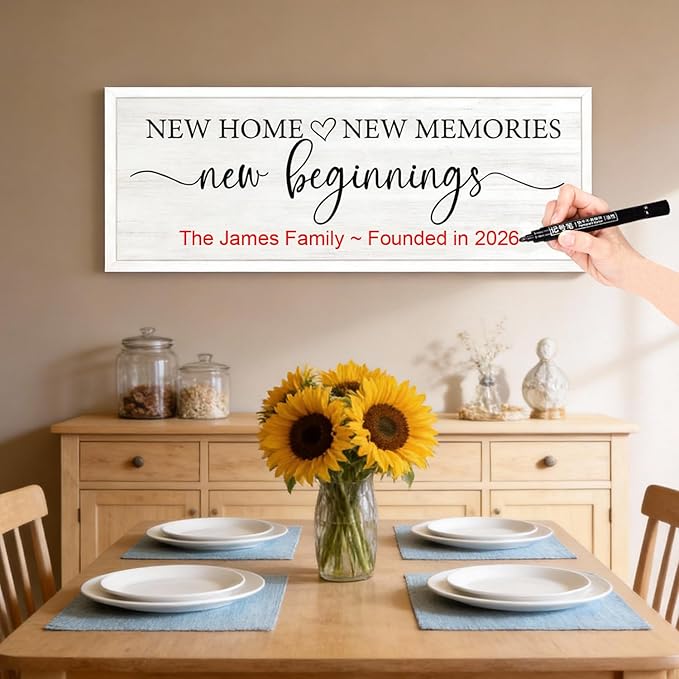 New Home, New Memories, New Beginnings Wall Decor Sign – 32x12 Inch Framed Wooden Sign with Writable Family Name & Year Space, Rustic Farmhouse Housewarming Gift for New Home, Entryway, Living Room, White