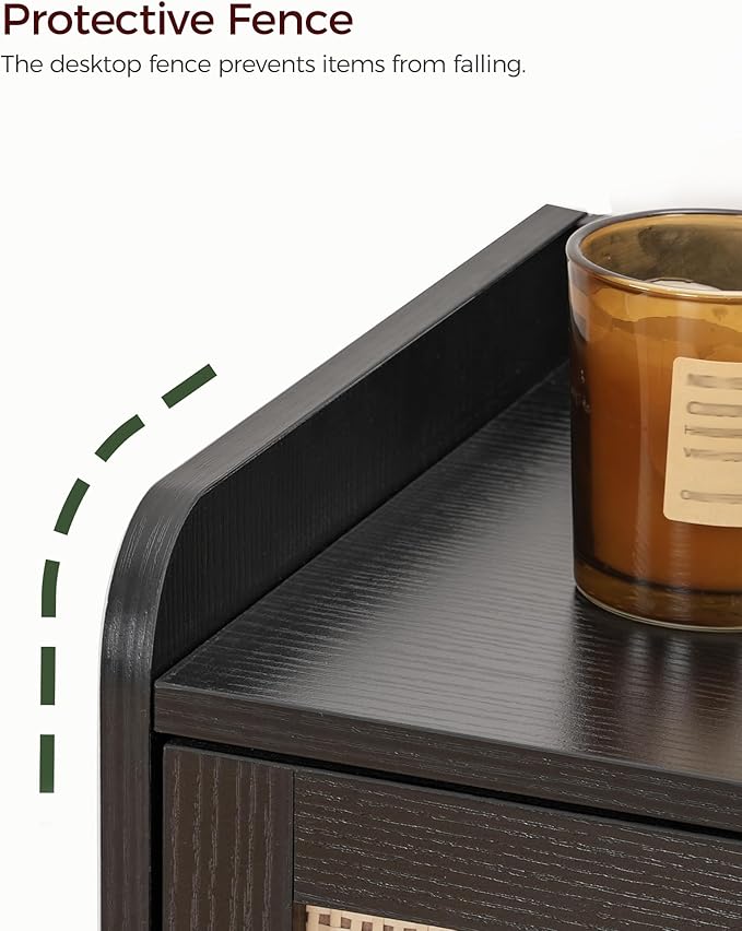 Nightstand, End Table with Charging Station, Side Table with Rattan-Style Drawer and Storage Shelf, Modern Sofa Table with 1 AC Outlet and 2 USB Ports, for Bedroom, Black MBZ01UBB