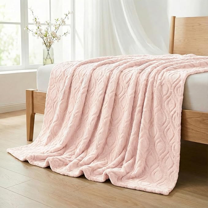 Horaldaily Solid Blanket Throw, Pink Accent Farmhouse Neutral Square Euro Soft Fuzzy Plush Faux Fur Cozy Blankets for Couch Sofa Bed Lounging, Ideal Gifts for Kids Adults Wife Self, 50x60