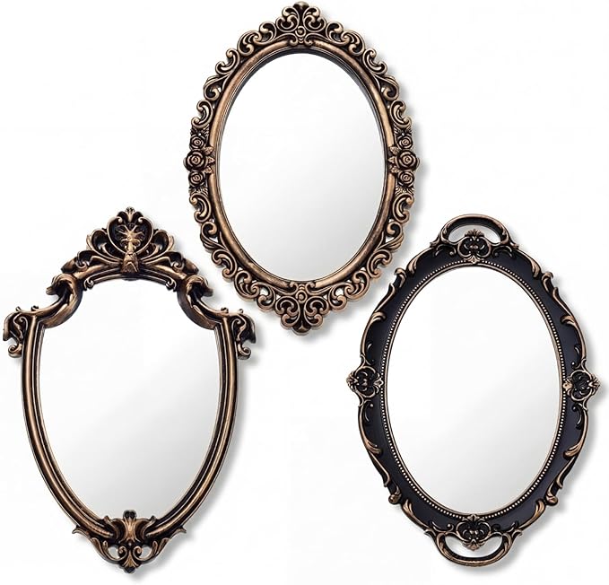 3 Styles Vintage Mirrors Set Decorative Oval Wall Mirror Small Antique Mirrored Tray Decorative Retro Hanging Mirror for Bathroom Bedroom Jewelry Organizer Victorian Decor(Antique Gold)
